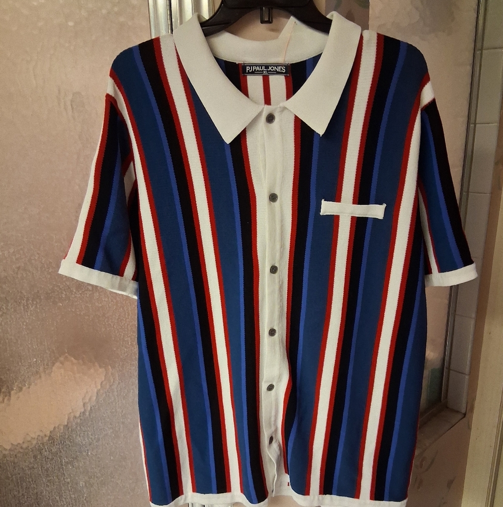 PJPaulJones Mens XL Striped Knit Shirt Paul Jones Red White Blue